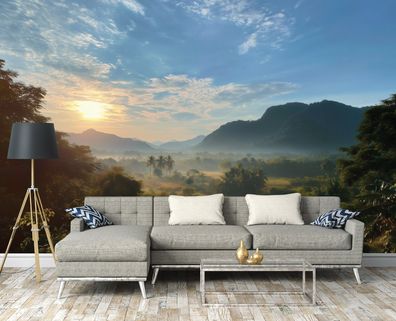 Vlies Fototapete Wald Sonne Grün Wolken Natur TAPETE XXL Wohnzimmer Schlafzimmer