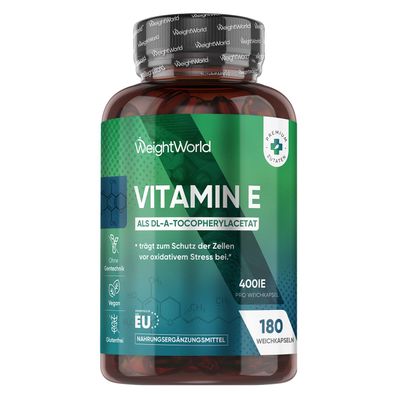 Vitamin E Weichkapseln 400IE - 180 Vegane Softgels - 6 Monate Vorrat- WeightWorld