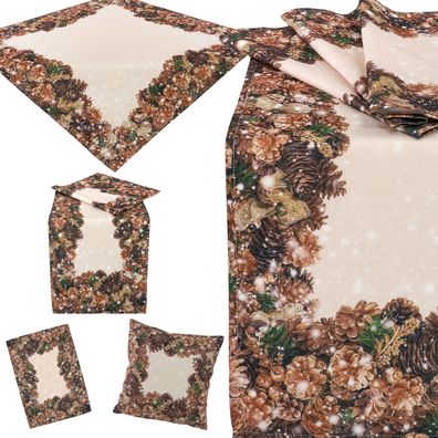 Weihnachten Tischdecke Tischläufer Platzdeckchen Kissenbezug Tannenzapfen Beige