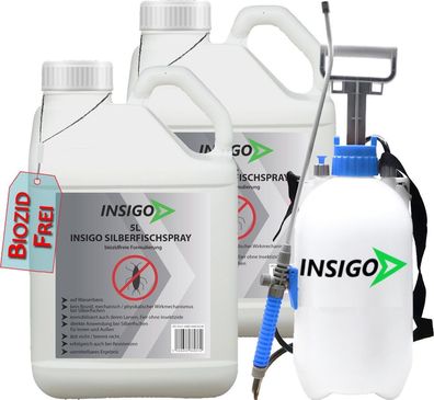 INSIGO 2x5L + 5L Sprüher Anti Silberfischspray Mittel Abwehr Papierfische Ofenfische