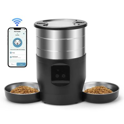 Button WiFi Automatic Cat Feeder Includes Two Stainless Steel Bowls Smart 4.5L