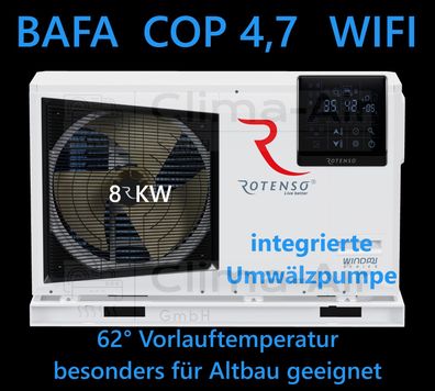 Rotenso Windmi Wärmepumpe Monoblock Luft-Wasser 8KW BAFA Wifi A+ + +, Heizen Kühlen
