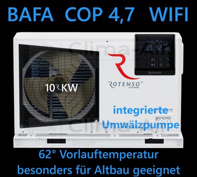 Rotenso Windmi Wärmepumpe Monoblock Luft-Wasser 10KW BAFA Wifi A+ + + , Heizen Kühlen