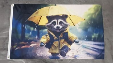 Fahne Flagge Waschbär im Regen Regenwetter Regenjacke Regen - 90 x 150 cm
