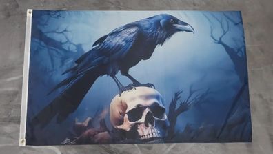 Fahne Flagge Rabe Krähe schwarzer Vogel auf Schädel - 90 x 150 cm