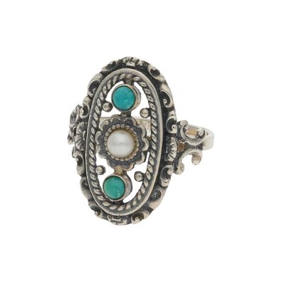 Trachtenring Silber 835 geschwärzt, Türkis, Süßwasser Zuchtperle Second Hand 25320548