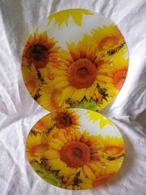 Glasschale Servierschale Glasteller mit Sonnenblumen D 19 + 24 cm als Set