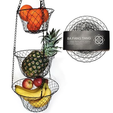 XL 3 Etagen Obst- Pflanzen- Gemüse-Hängekorb Aufhängen bis 9 Kg schwarz/kupfer/gold