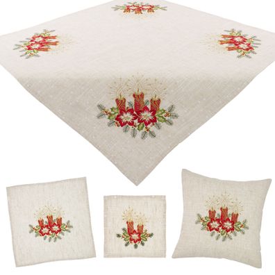 Weihnachten Tischdecke Tischläufer Deckchen Kissenbezug Leinenoptik Beige Kerzen