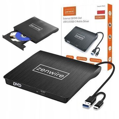 Externes tragbares DVD-CD Laufwerk 2in1 USB 3.0 USB-C Recorder Zenwire ECD829-Y