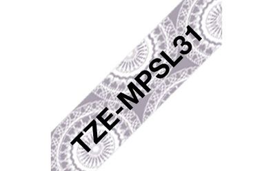 Schriftband TZe-MPSL31 silber Spitzen / schwarz 12mm x 4m