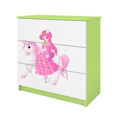 Kinderkommode mit Schubladen Prinzessin zu Pferd in der Farbe Grün Babydreams
