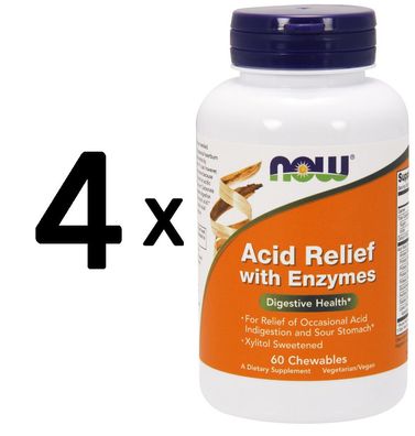 4 x NOW Foods Acid Relief with Enzymes - 60 chewables