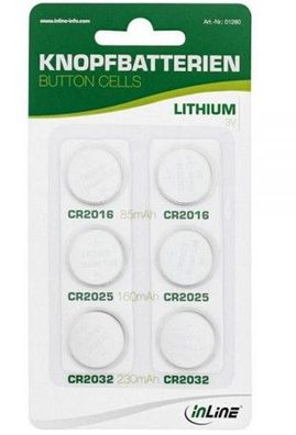 InLine® Knopfbatterien-Set, 3V Lithium, 2x CR2016, 2x CR2025, 2x CR2032, 6er Pac