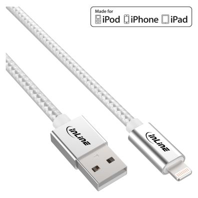 InLine® Lightning USB Kabel, für iPad, iPhone, iPod, silber/Alu, 2m, silber