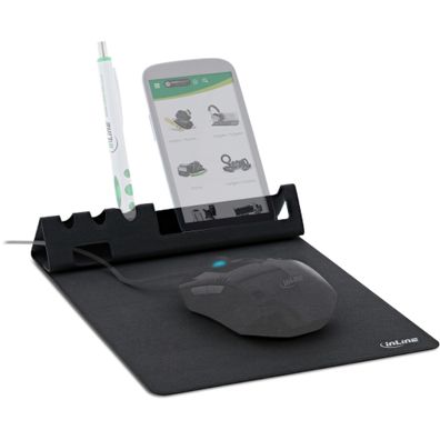InLine® Multifunktions-Mauspad mit Smartphone- und Stiftehalter, schwarz, faltba