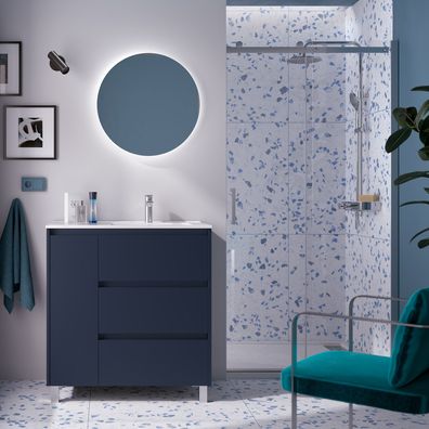 Salgar Badezimmermöbel NOJA 850 3 Schubladen und 1 linke Tür BLUE SATIN + Waschtisch