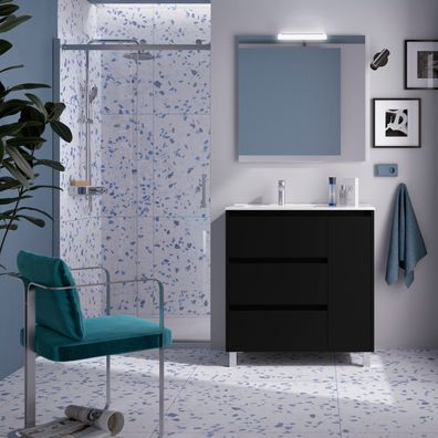 Salgar Badezimmermöbel NOJA 850 3 Schubladen und 1 rechte Tür BLACK SATIN + Waschtisc