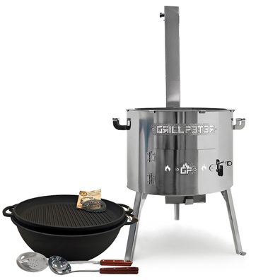 Utschak Timur Ø45 cm Edelstahl Kazan 18L Grilldeckel aus Gusseisen Zubehör