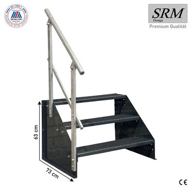 3 Stufen Standtreppe Breite 60 - 160cm Höhe 63cm komplett anthrazit 1x Geländer