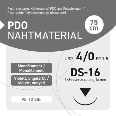 PDO Nahtmaterial - USP 4-0 EP-1.5 DS-16 - 12 Stück