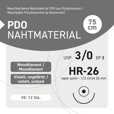 PDO Nahtmaterial - USP 3-0 EP-2 HR-26 - 12 Stück