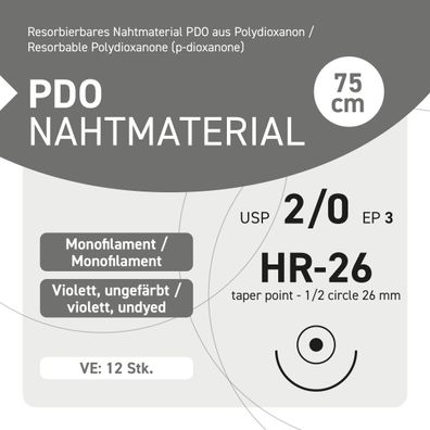 PDO Nahtmaterial - USP 2-0 EP-3 HR-26 - 12 Stück