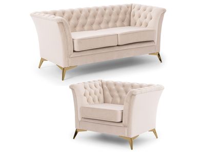 Whitby - Chesterfield Luxus Polstergarnitur 2 + 1 aus Samt mit goldenen Füßen