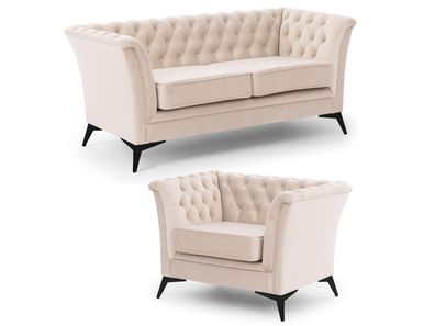 Whitby - Chesterfield Luxus Polstergarnitur 2 + 1 aus Samt mit schwarzen Füßen