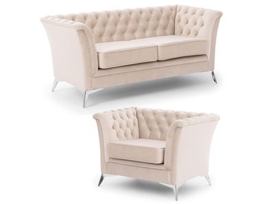 Whitby - Chesterfield Luxus Polstergarnitur 2 + 1 aus Samt mit silbernen Füßen