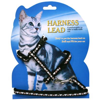 TYROL Katzengeschrir mit Leine - schwarz mit Herzchenmuster