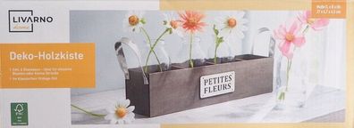 Livarno Deko-Box + 4 Glasvasen Vintage Deko Holzkiste L 27 x B 6,7 x H 6,5 cm