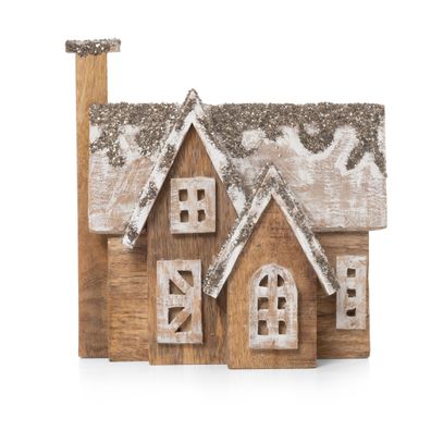 Weihnachtsdeko Holzhaus mit Glitzerdach 29 x 28 cm aus Mangoholz Dekoration