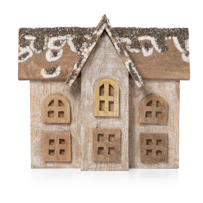 Weihnachtsdeko Holzhaus groß mit Glitzerdach 30 cm aus Mangoholz Dekoration
