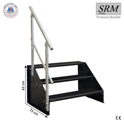 3 Stufen Standtreppe Breite 60 - 160 cm Höhe 63 cm komplett schwarz 1x Geländer