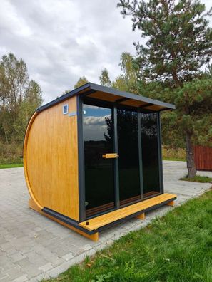 GardenAndPoolsCom Gartensauna Outdoorsauna Saunahaus Fass Sauna 2,4x2,4m Horizont M3