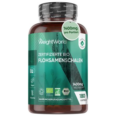 Bio Flohsamenschalen 1400mg pro Portion - 180 vegane Kapseln - 3 Monate Vorrat