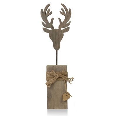 Dekofigur Hirschkopf auf Holzsockel 50 cm aus Mangoholz Handarbeit Weihnachten