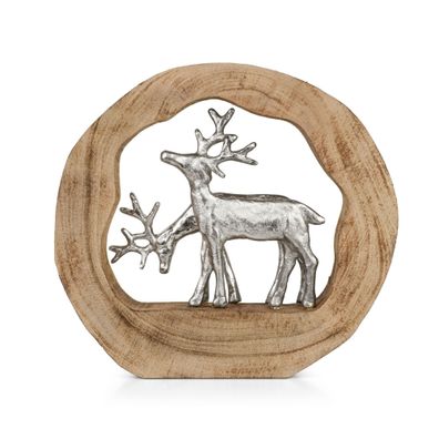 Dekofigur Rentiere im Holzring aus Mangoholz Aluminium Holzskulptur 27,5 cm