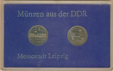 DDR Satz aus 2x 5 Mark 1984 A Messestadt Leipzig verschweisst in Hartplastik*