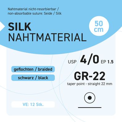 Seide Nahtmaterial USP 4-0 EP-1.5 GR-22 - 12 Stück