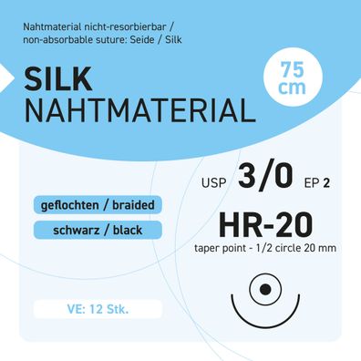 Seide Nahtmaterial USP 3-0 EP-2 HR-20 - 12 Stück