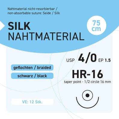 Seide Nahtmaterial USP 4-0 EP-1.5 HR-16 - 12 Stück