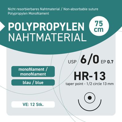 Polypropylen Nahtmaterial USP 6-0 EP-0.7 HR-13 - 12 Stück