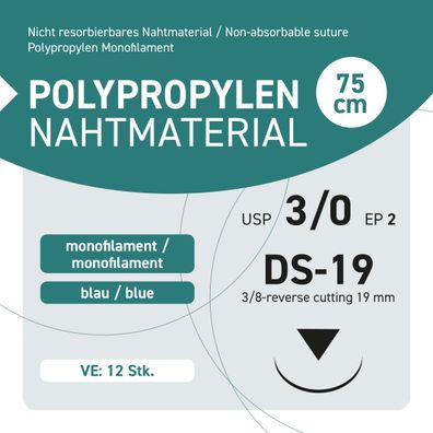 Polypropylen Nahtmaterial USP 3-0 EP-2 DS-19 - 12 Stück