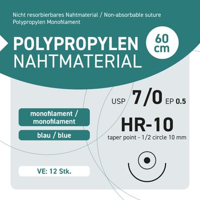 Polypropylen Nahtmaterial USP 7-0 EP-0.5 HR-10 - 12 Stück