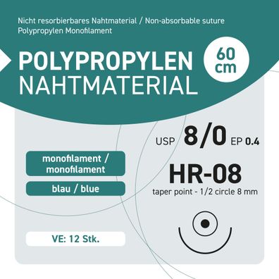 Polypropylen Nahtmaterial USP 8-0 EP-0.4 HR-08 - 12 Stück