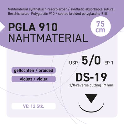 PGLA 910 Nahtmaterial USP 5-0 EP-1 DS-19 - 75 - 12 Stück