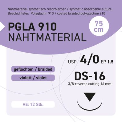 PGLA 910 Nahtmaterial USP 4-0 EP-1.5 DS-16 - 75 - 12 Stück