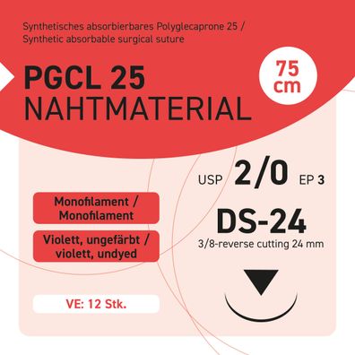 PGCL 25 Nahtmaterial USP 2-0 EP-3 DS-24 - 75 – 12 Stück